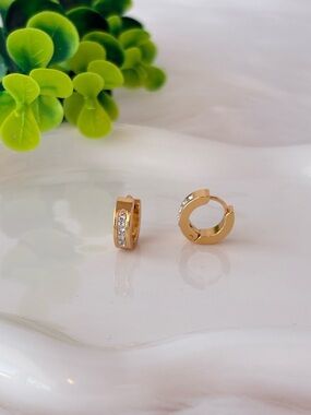 Gold-Tone‎ Stainless Steel Huggie Hoop Earrings with Clear Crystals
